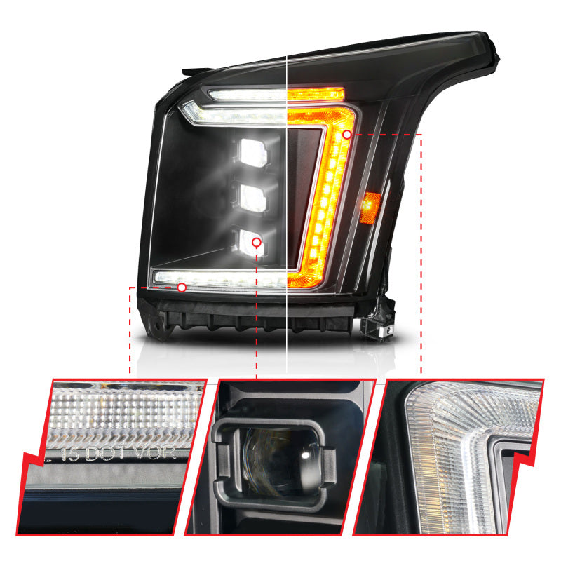 ANZO 15-20 GMC Yukon (Incl XL - Factory Halogen Models) Full LED Proj Headlights Black - Pass. Side