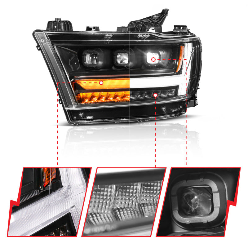 ANZO 19-24 RAM 1500 (New Body/OE Halogen) Full LED Proj Headlights DRL/SeqSig Black - Driver Side
