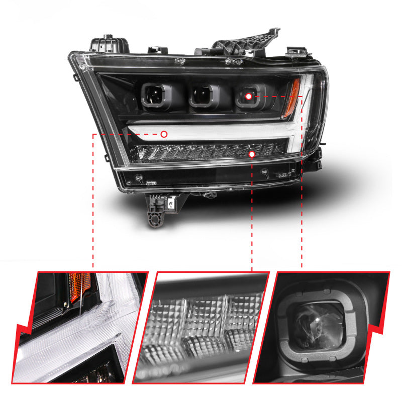 ANZO 19-24 RAM 1500 (New Body/OE Halogen) Full LED Proj Headlights DRL/SeqSig Black - Driver Side