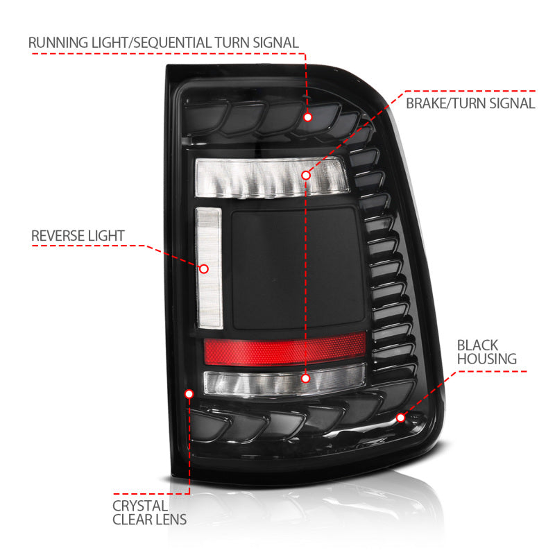 ANZO 19-24 RAM 1500 (Factory Halogen Models) Full LED Tail Lights SeqSig Black - Pair