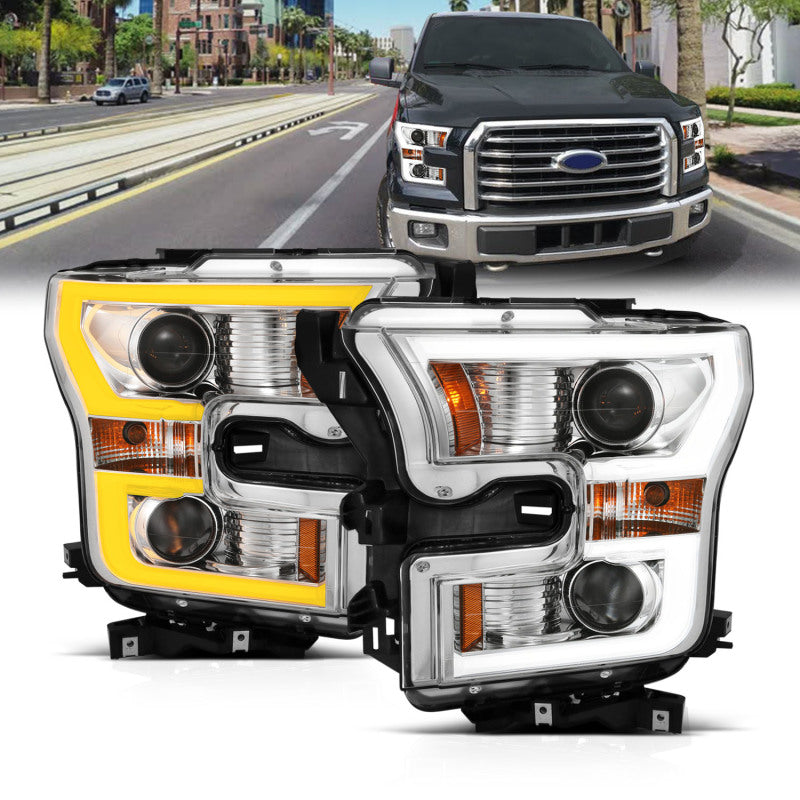 ANZO 2015-2017 Ford F-150 Projector Headlights w/ Plank Style Switchback Chrome w/ Amber