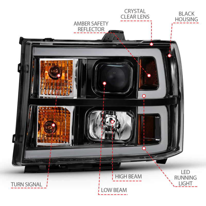 ANZO 2007-2013 GMC Sierra 1500 Projector Headlight Plank Style Black w/ Clear Lens Amber
