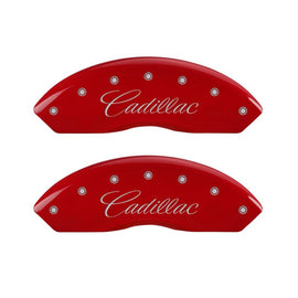 MGP 4 Caliper Covers Engraved Front Cursive/Cadillac Engraved Rear SRX Red finish silver ch