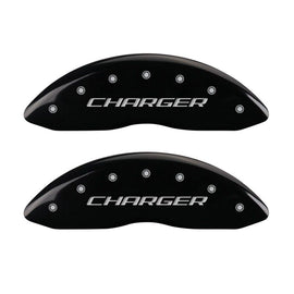 MGP 4 Caliper Covers Engraved Front & Rear Block/Charger Black finish silver ch