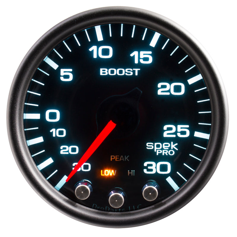 Autometer Spek-Pro Gauge Vac/Boost 2 1/16in 30Inhg-30psi Stepper Motor Peak & Warn Black/Smoke/Black