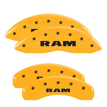 Load image into Gallery viewer, MGP 4 Caliper Covers Engraved Front &amp; Rear Ram Yellow Finish Black Char 2019 Ram 1500