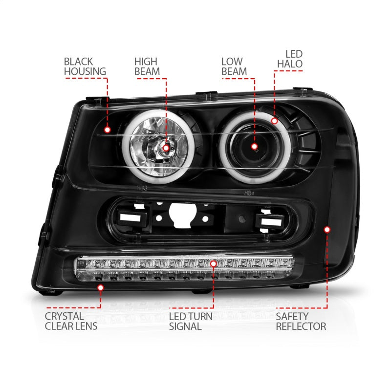 ANZO 2002-2009 Chevrolet Trailblazer Projector Headlights w/ Halo Black AJ-USA, Inc
