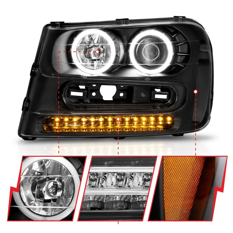 ANZO 2002-2009 Chevrolet Trailblazer Projector Headlights w/ Halo Black AJ-USA, Inc
