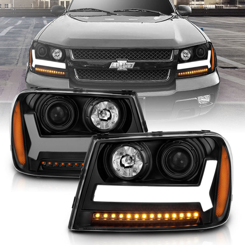 ANZO 2006-2009 Chevrolet Trailblazer Projector Headlights w/ Plank Style Design Black w/ Amber AJ-USA, Inc