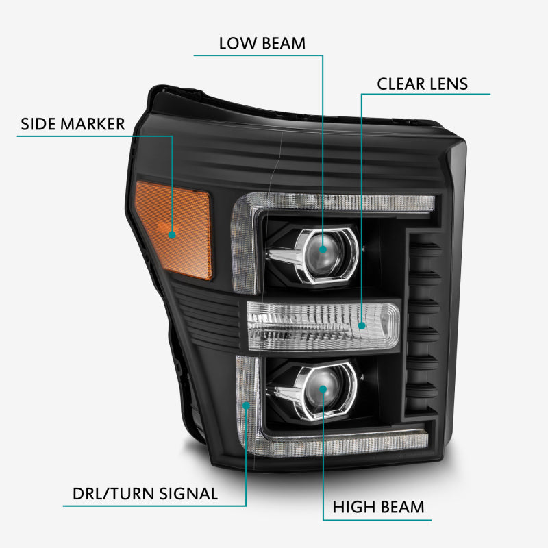 AlphaRex 11-16 Ford F-350 SD LUXX LED Proj Headlights Plank Style Black w/Activ Light/Seq Signal AJ-USA, Inc