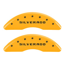 Load image into Gallery viewer, MGP 4 Caliper Covers Engraved Front &amp; Rear Silverado Yellow finish black ch