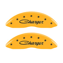 Load image into Gallery viewer, MGP 4 Caliper Covers Engraved F &amp; R Cursive/Charger Yellow Finish Black Char 2006 Dodge Charger