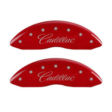 Load image into Gallery viewer, MGP 4 Caliper Covers Engraved Front Cursive/Cadillac Engraved Rear SRX Red finish silver ch